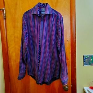 Size L Thomas Dean Button Up Shirt Purple Black striped